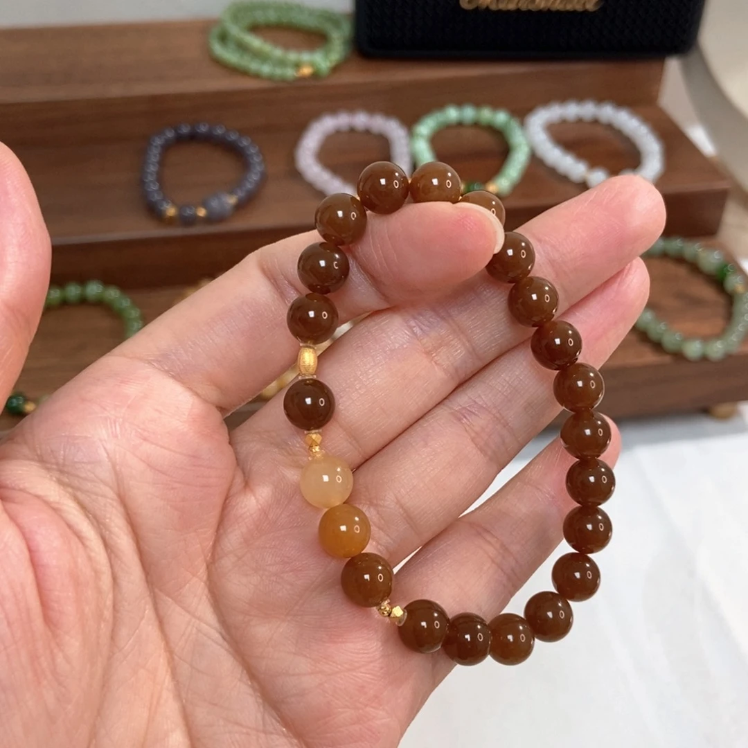 手链18K金镶嵌和田玉8mm且末糖焦糖