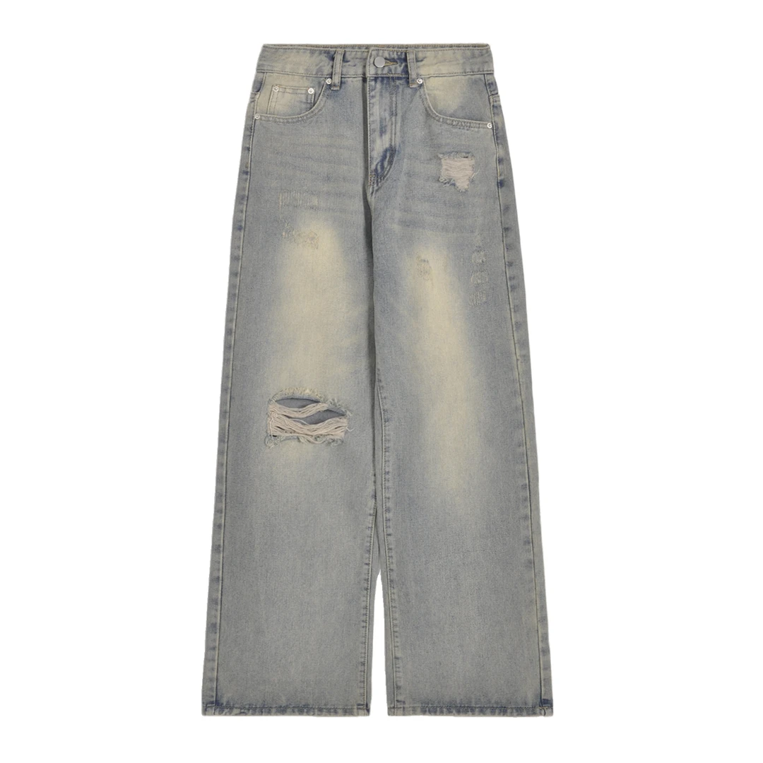 牛仔裤高腰直筒复古宽松破洞裤子显瘦百搭高街夏季浅蓝色牛仔裤