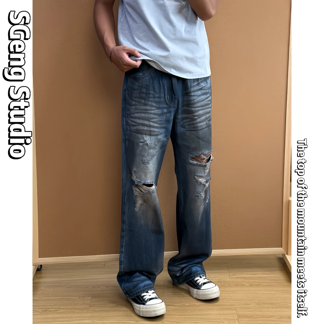 SGeng.秋季高街vintage做旧复古脏染抹料破洞宽松直筒男款牛仔裤
