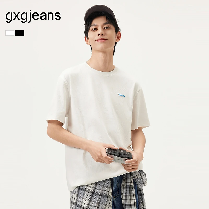gxg.jeans男装 多色拼接肌理字母点缀简约圆领短袖T恤男 25夏新品