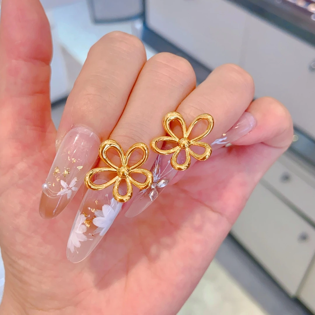 2071足金耳饰 镂空格桑花耳钉5D无氢工艺大气时尚金耳饰耳钉女