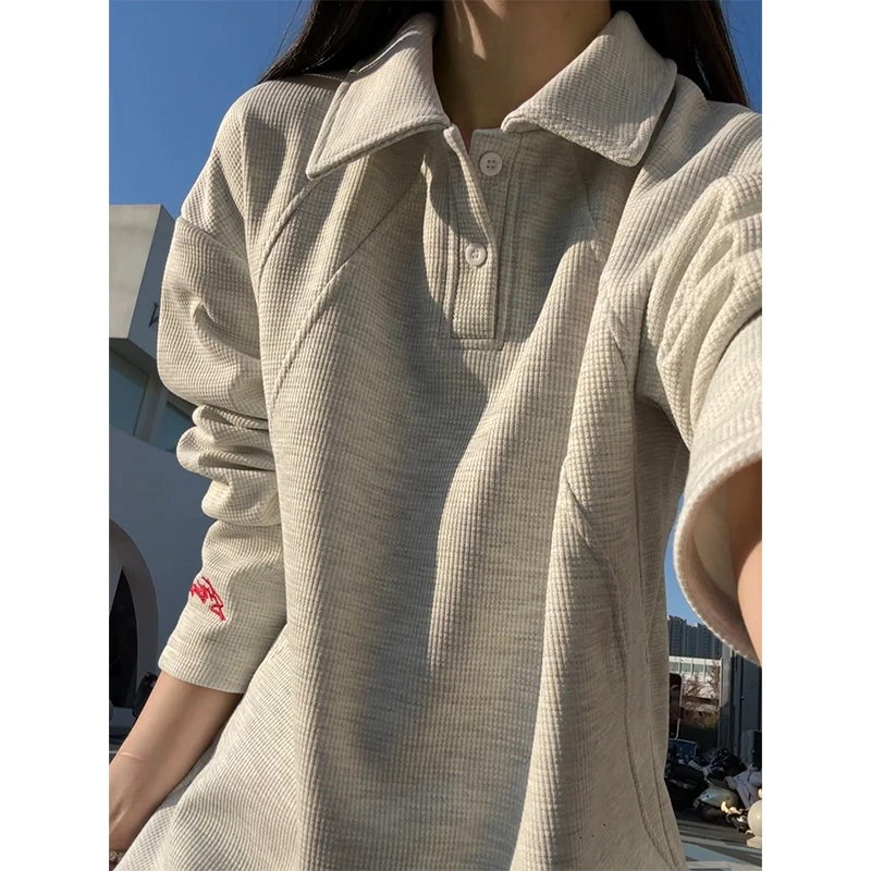 白花灰polo领长袖polo衫男加绒加厚刺绣拼接正肩t恤boxy版型卫衣