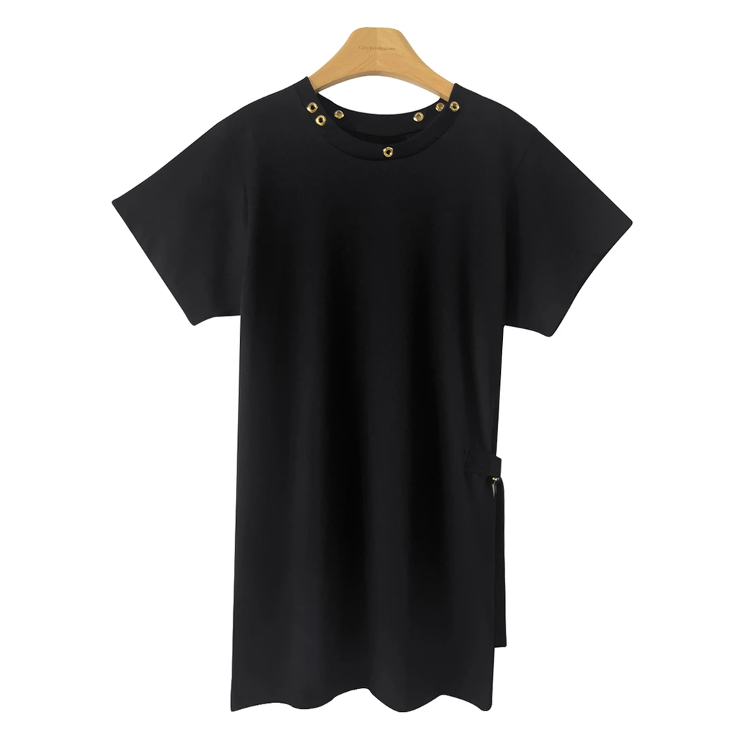 领口金属扣装饰黑色休闲连衣裙347