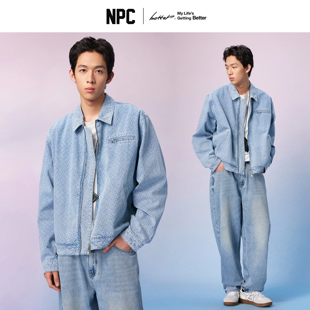 NPC潮牌复古满印机能双头拉链牛仔夹克男挺括落肩休闲NP57DC08