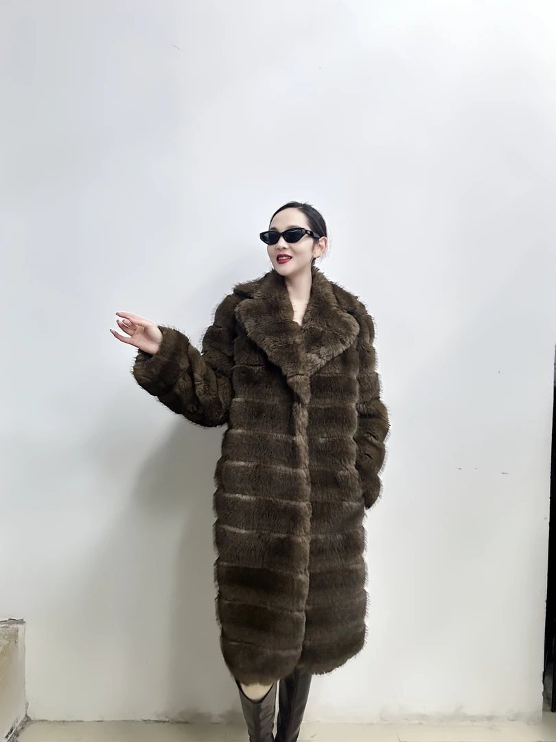 【咖色翻领长款】高贵奢华欧貂皮草