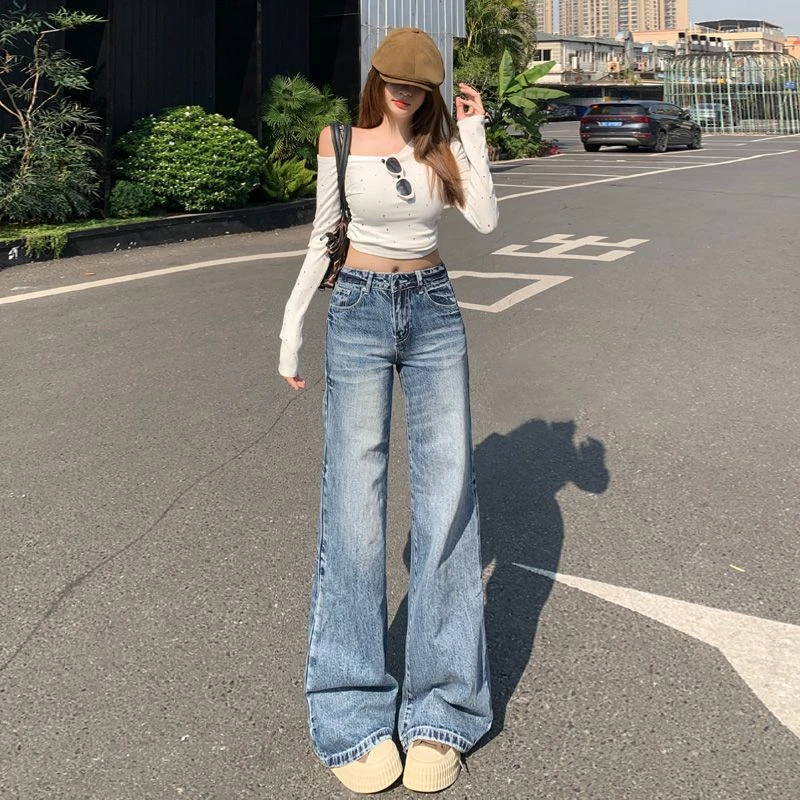 2025夏季新款浅色阔腿牛仔裤女重磅猫须水洗垂感宽松不贴腿微喇裤