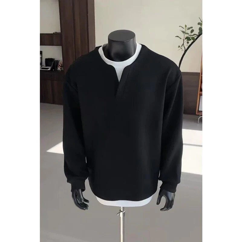 假两件V领卫衣男春季新款美式复古长袖T恤潮牌cleanfit休闲打底衫