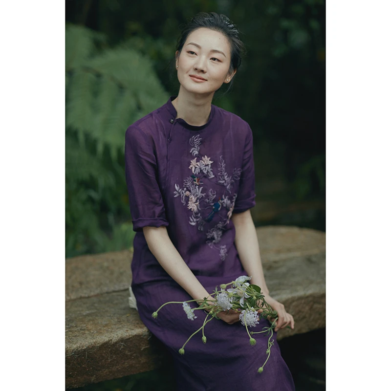 牧衣原创设计女装苎麻刺绣中式改良旗袍夏文艺复古连衣裙 沉香木