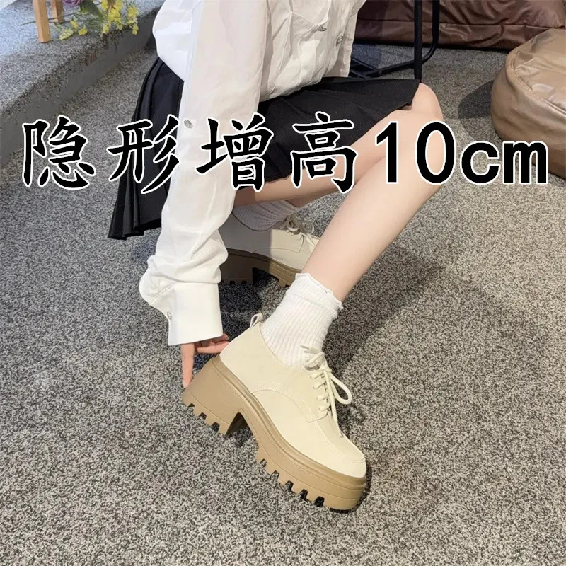 2025新款秋冬内增高厚底单鞋学院风系带小皮鞋真皮小个子乐福鞋女