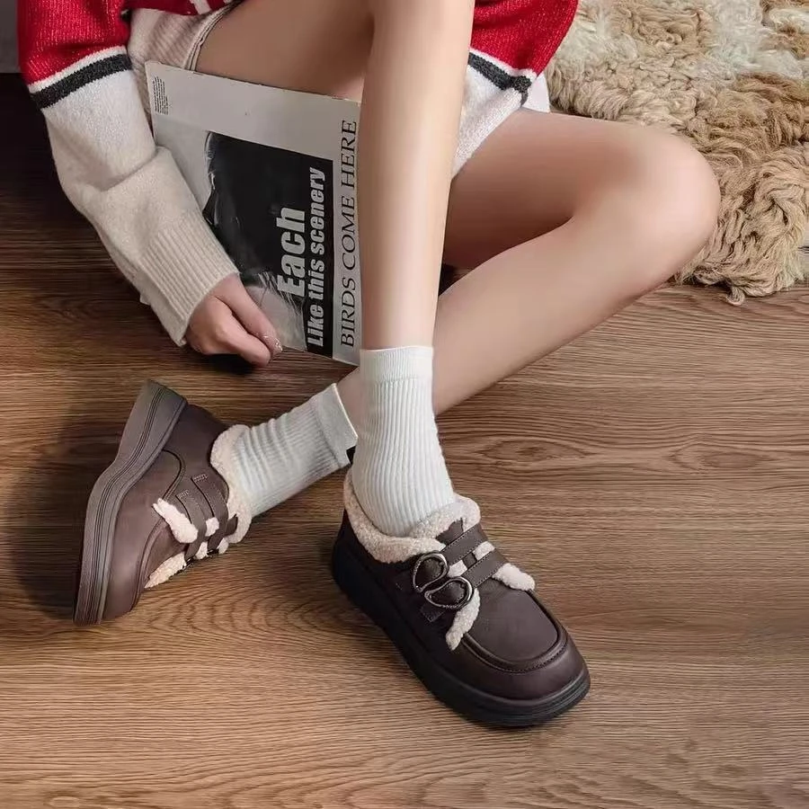 C1611 咖棕绒里 新款时尚圆头舒适粗跟深口女士乐福鞋
