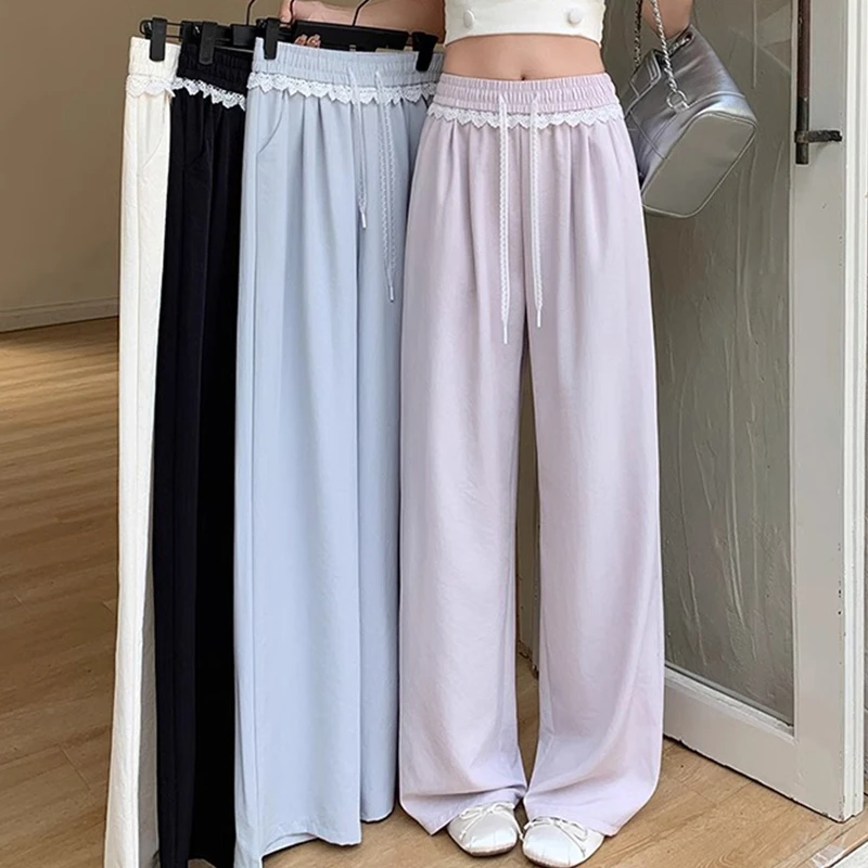 1夏季薄款休闲直筒裤2025新款蕾丝花边山本裤女阔腿裤宽松垂坠