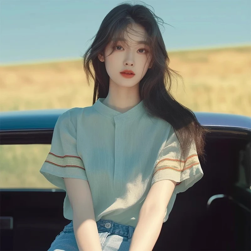 多巴胺穿搭小众绿色条纹短袖衬衫男女夏季设计感洋气宽松百搭上衣