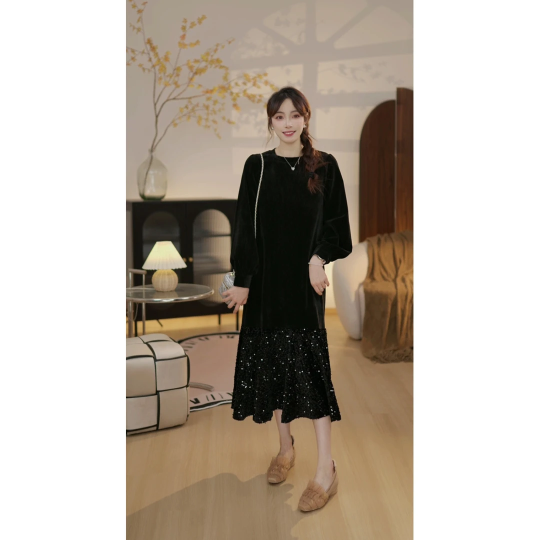 【星河璀璨C】轻奢风宽松双面雪昵绒拼接亮闪闪鱼尾气质显瘦连衣裙