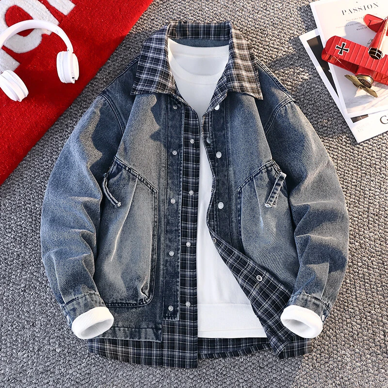 春季新款潮牌假两件拼接牛仔夹克青少年水洗牛仔外套痞帅翻领休闲