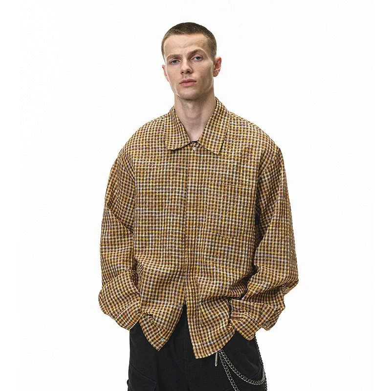 ChicSoso花纱男格子衬衫外套秋季日系复古开衫泡泡纱日系复古机车