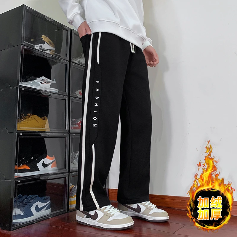 青少年冬季新款潮流加绒加厚运动刺绣新品ins长裤直筒宽松宽松