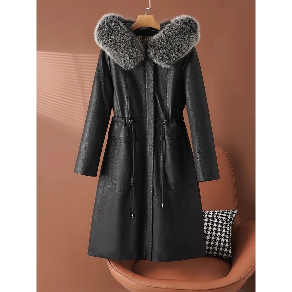 冬装海宁真皮皮衣羽绒服女中长款修身绵羊皮狐狸毛领加绒加厚外套