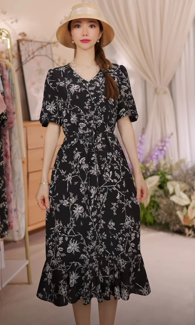 【墨枝】100%桑蚕丝碎花显瘦气质轻奢时尚黑色连衣裙JY5A020-1