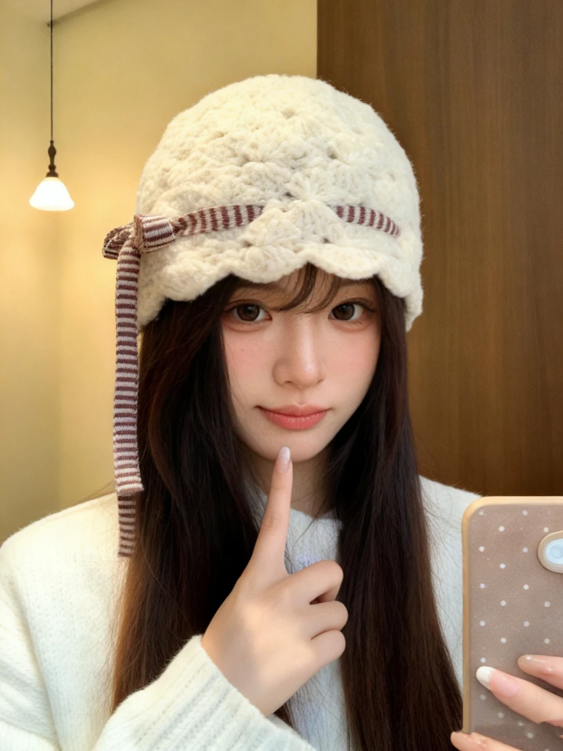 蝴蝶结飘带针织帽女秋冬季手工编织花朵包头帽韩系显脸小毛线帽子