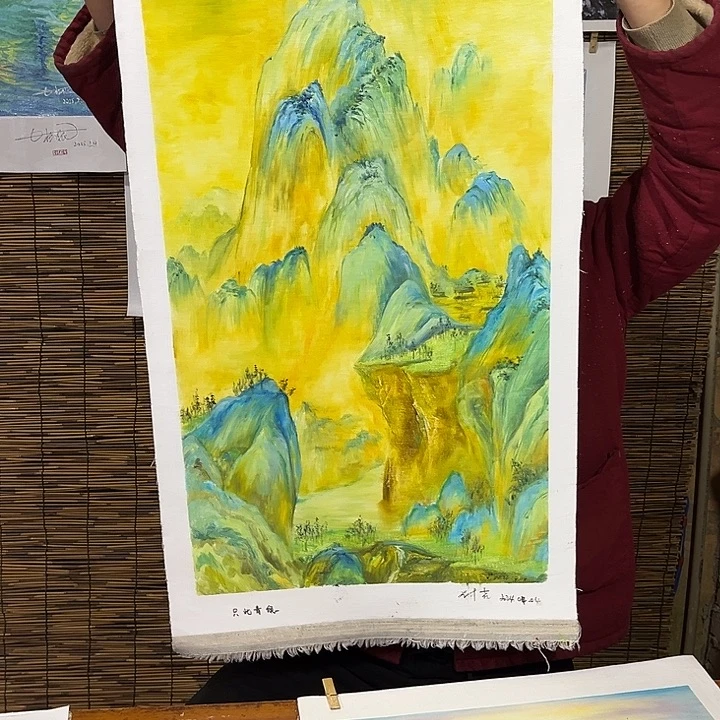 油画行路人小院绘画作品