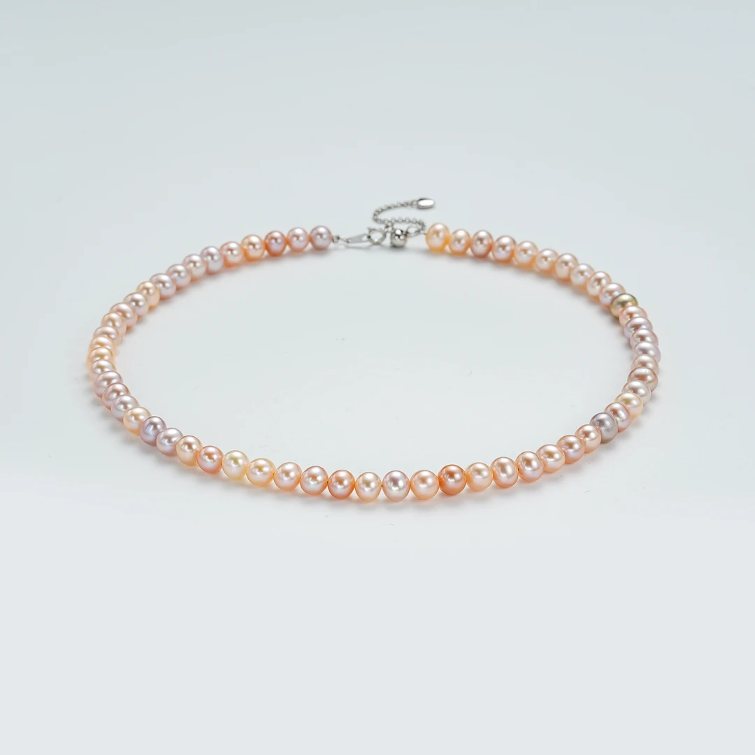 【夕汐定制】天然淡水紫色糖果混彩珍珠项链6.5-7.5mm/s925银