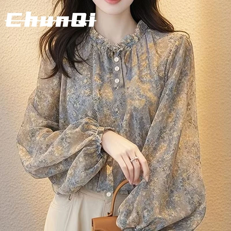 淳启春秋季新款小众别致法式长袖衬衫女绝美温柔气质雪纺碎花上衣