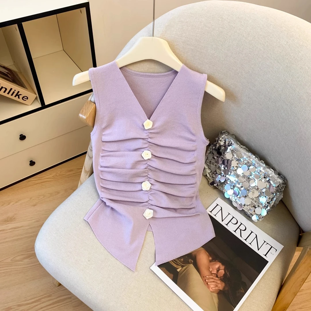 固质紫色法式立体花朵V领针织背心女夏季褶皱修身显瘦无袖短上衣