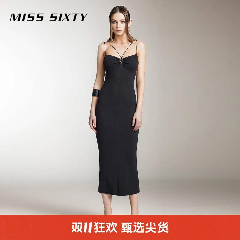 MissSixty毛织连衣裙女吊带长裙金属扣小黑裙尤莱特