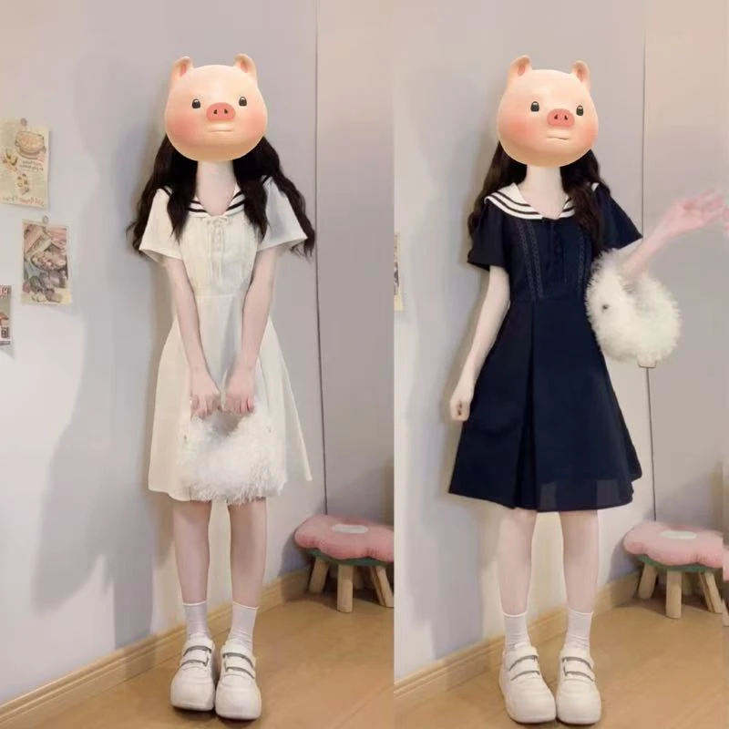 大码【少女日记】韩系短袖学院风海军领连衣裙气质减龄法式长短裙子