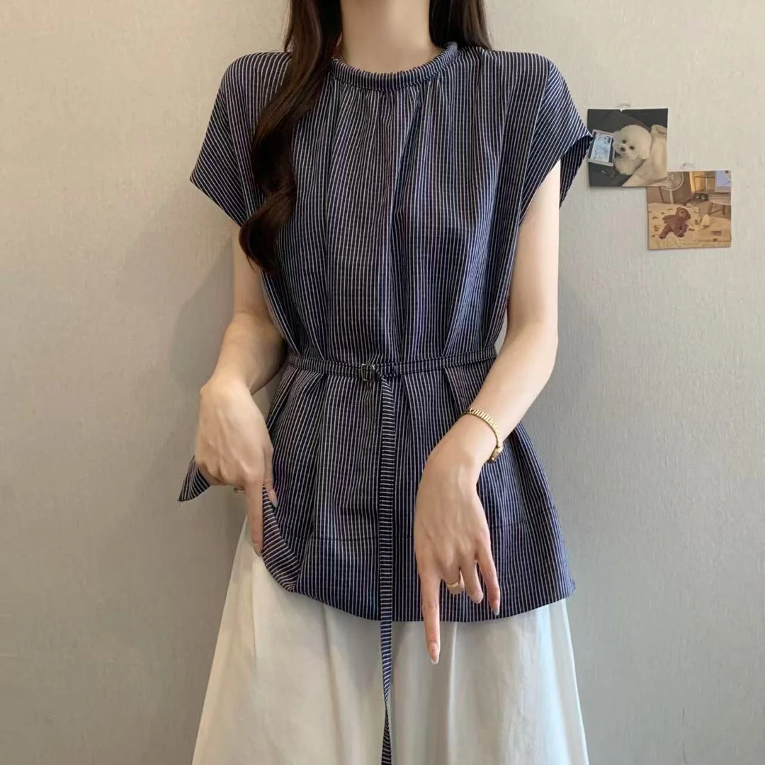 韩系圆领条纹系带收腰衬衫女夏季大码胖妹妹洋气设计显瘦气质小衫