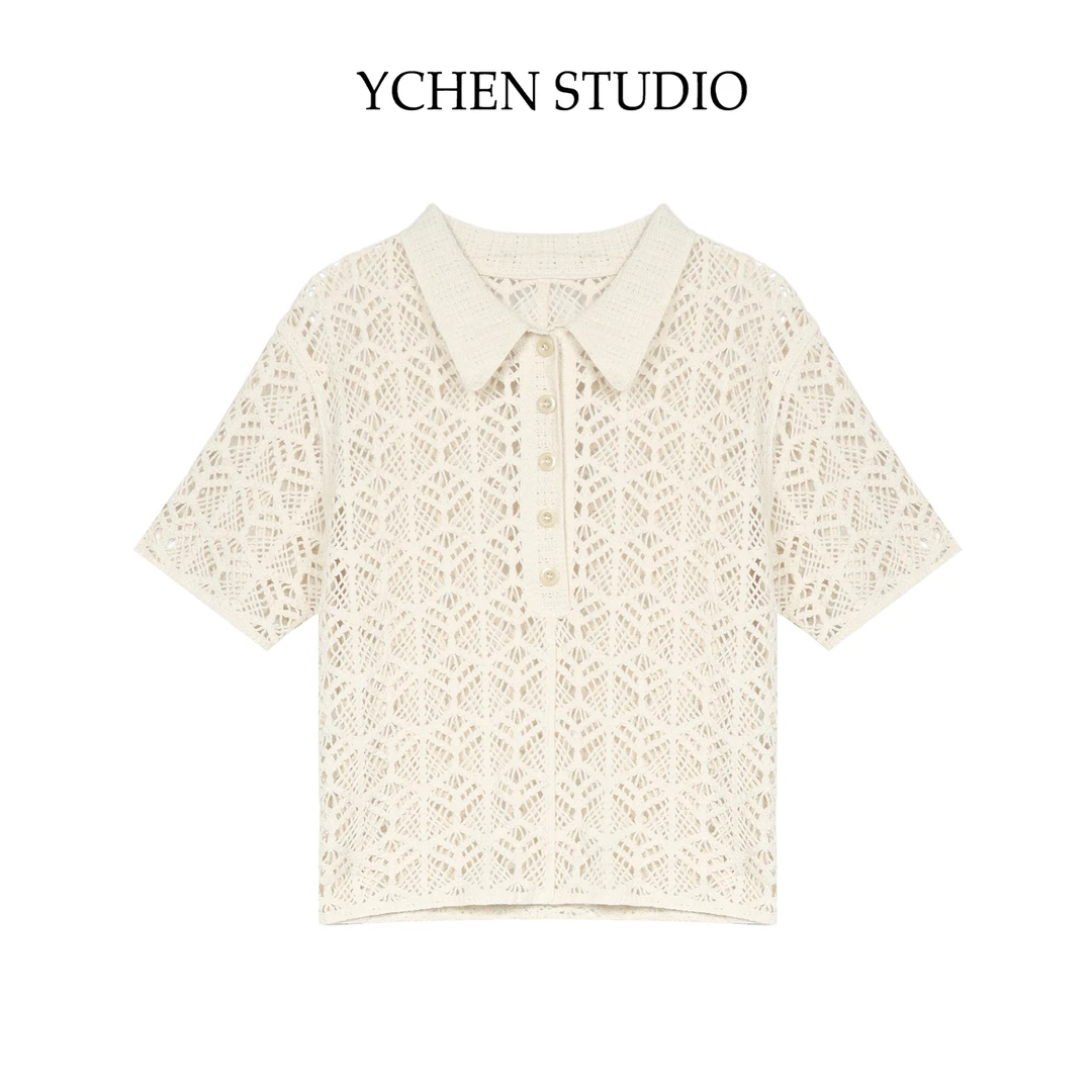 YCS【奶油维纳斯】POLO领镂空短袖气质设计感夏季新款针织T恤G0822