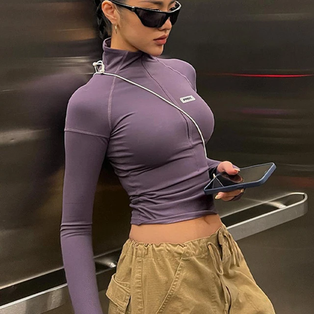 Shemoda欧美运动风格修身长袖女士上衣2025拉炼半高领拼接t恤