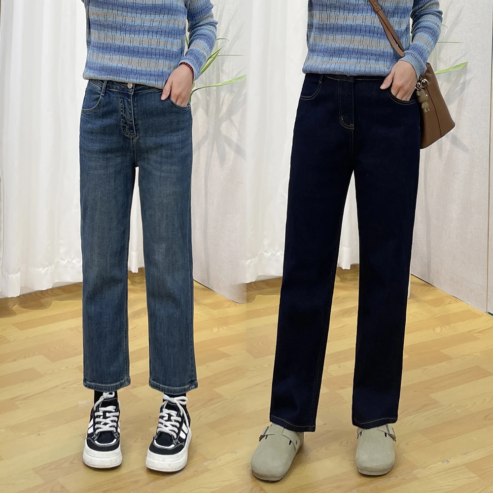 2025秋季新款法棍直筒牛仔裤女大码胖mm高腰显瘦小个子九分烟管裤