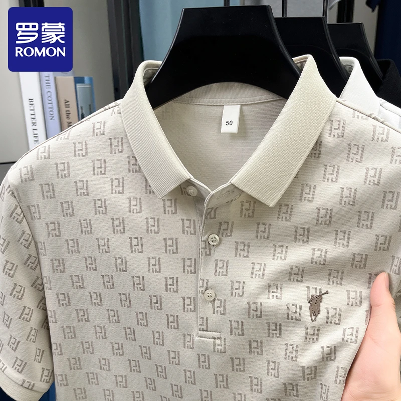 Romon/罗蒙夏季长绒棉短袖Polo衫男士男生翻领印花凉感T恤衫
