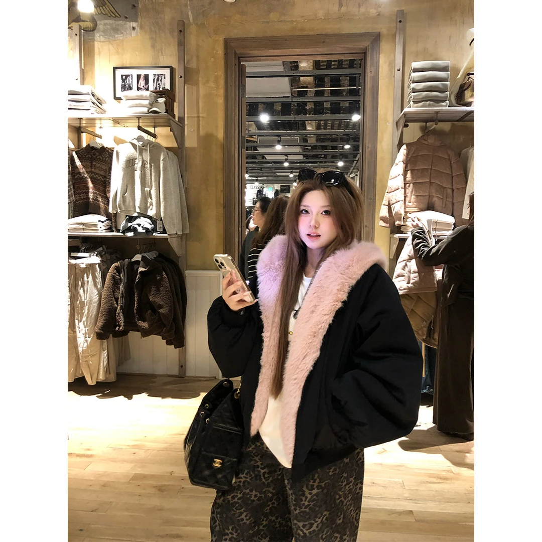 安妮不火【蓄热小暖炉】秋冬甜酷感毛绒拼接防风连帽棉服A254O0084