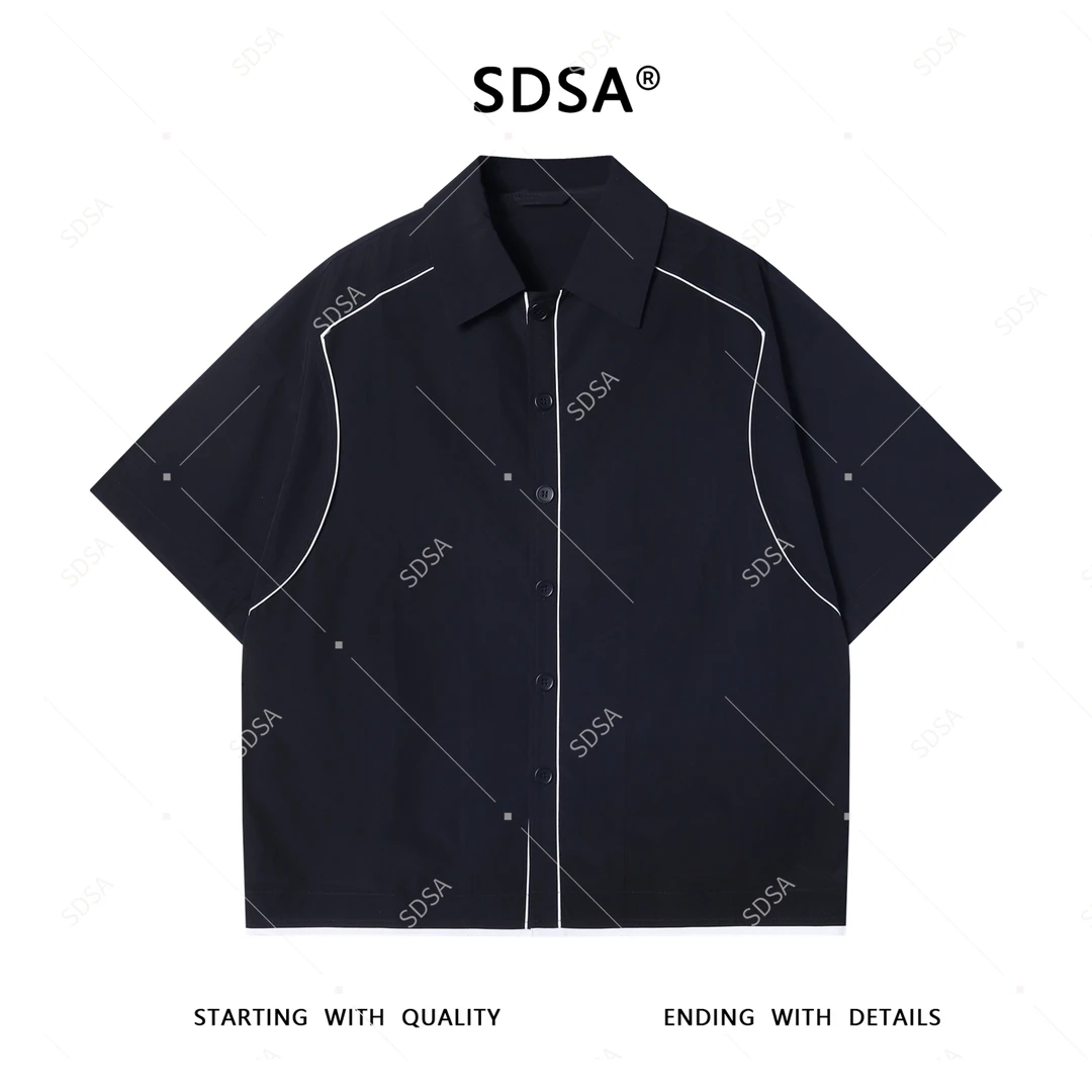 夏季高级感新款男士美式纽扣翻领拼接短袖衬衫时尚休闲宽松上衣