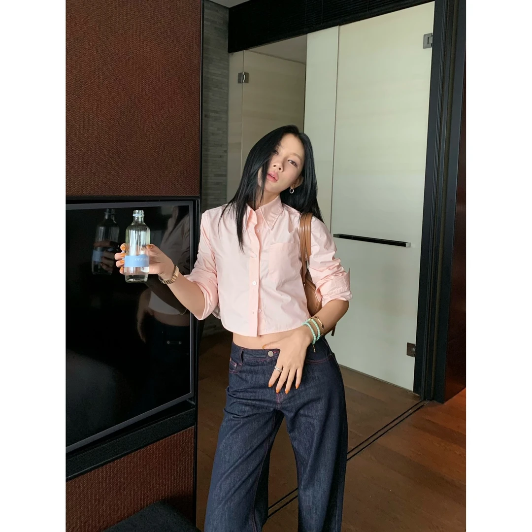 70不是七十【心动讯号】夏季韩系翻领长袖短款衬衫