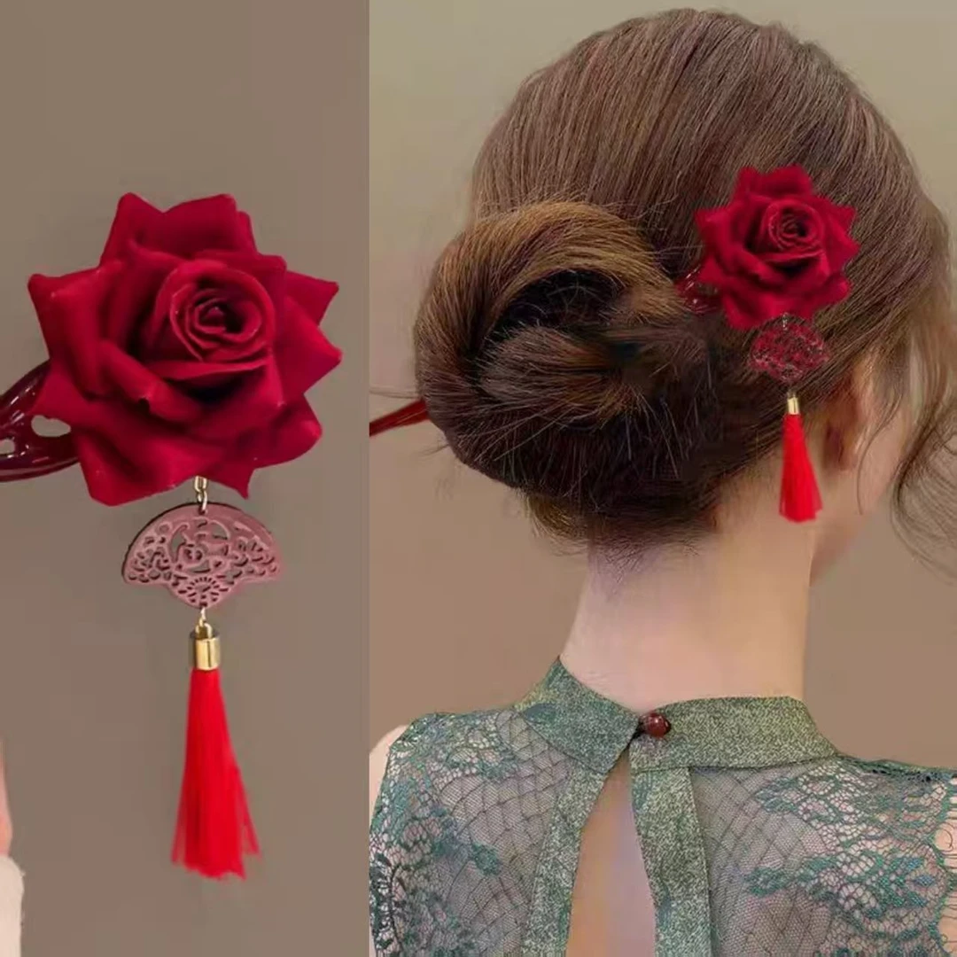 红玫瑰~新中式国风红色花朵流苏发簪高级感盘发发饰簪子汉服头饰