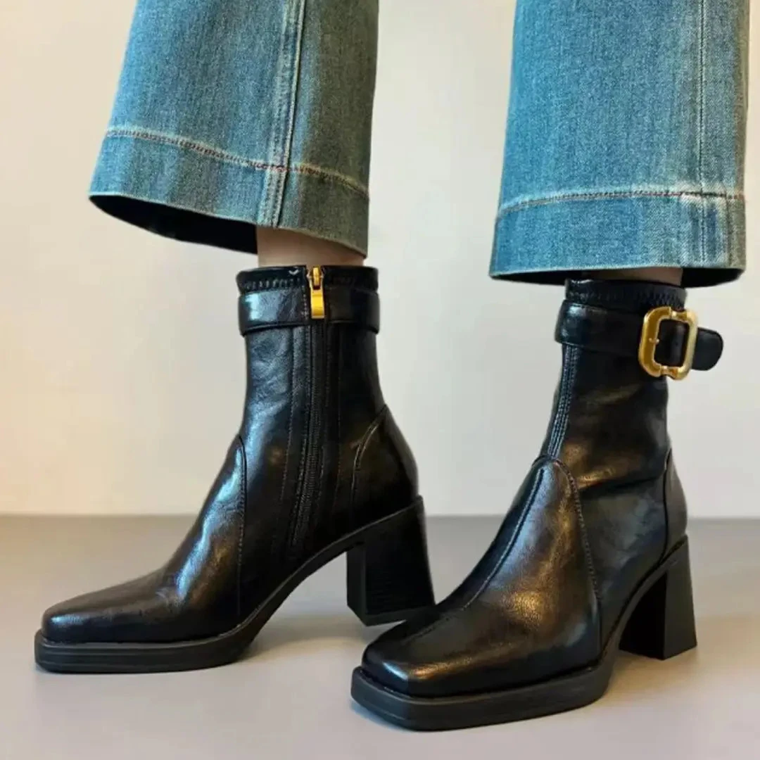 软皮版厚底高跟靴子女2025新款方头马丁靴黑色通勤百搭气质短靴」