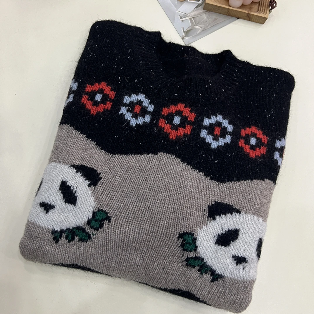 绒品 韩系刺绣熊猫提花大版加厚圆领套头针织衫