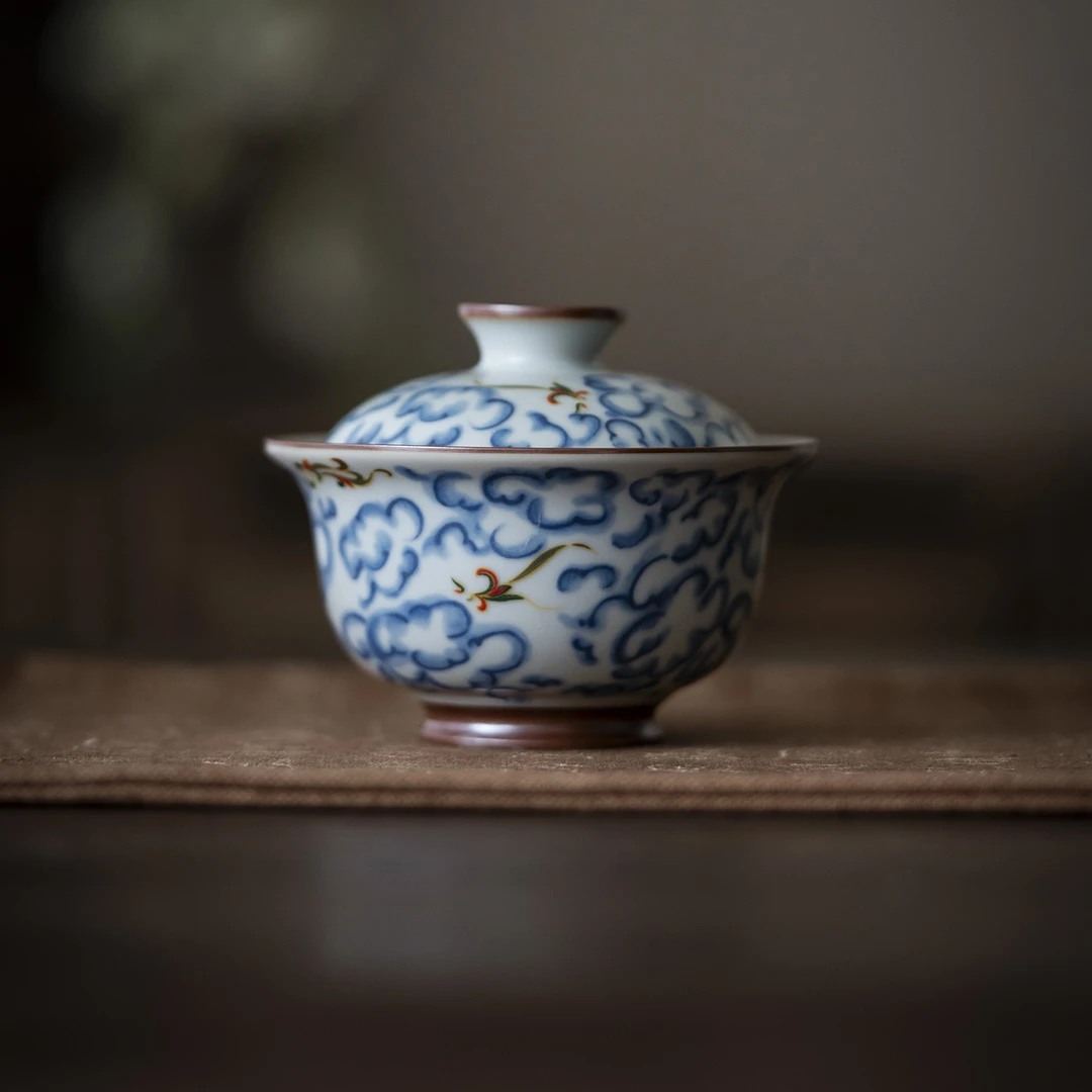 仿古青花手绘祥云圆融二才盖碗可开片泡茶器家用陶瓷功夫茶具