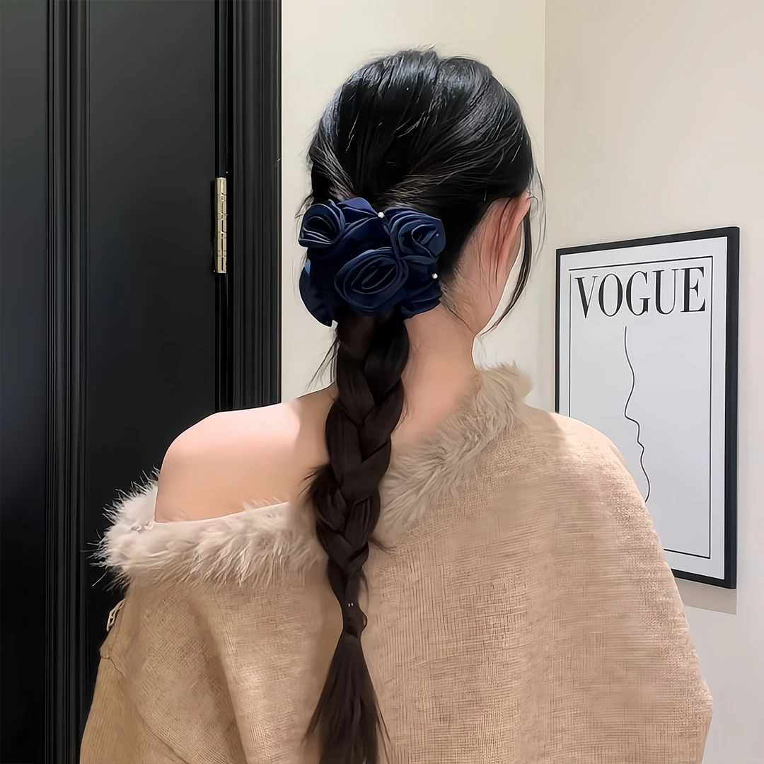 蓝色缎面新款珍珠花朵大肠发圈女头绳扎头马尾发绳简约气质头饰