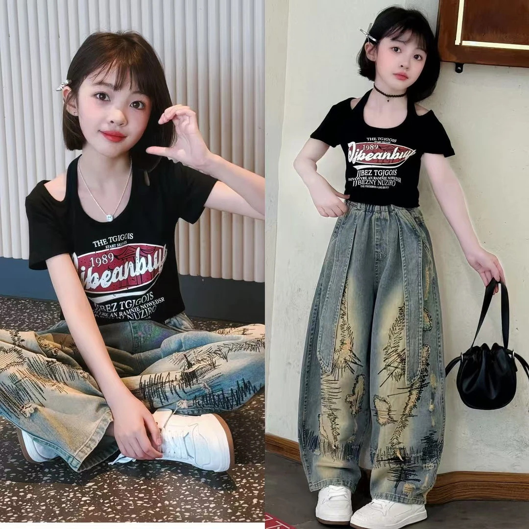 女童裤子2025新款中大童儿童夏季短袖T恤牛仔裤休闲弯刀裤两件套