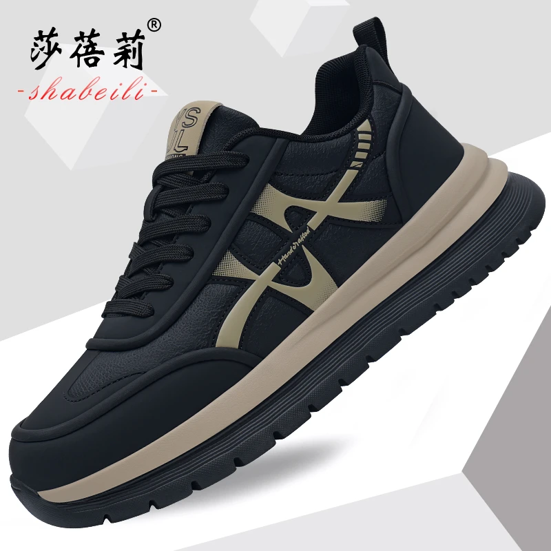 莎蓓莉男鞋秋季透气休闲鞋黑色皮面潮流百搭软底鞋子男士运动鞋