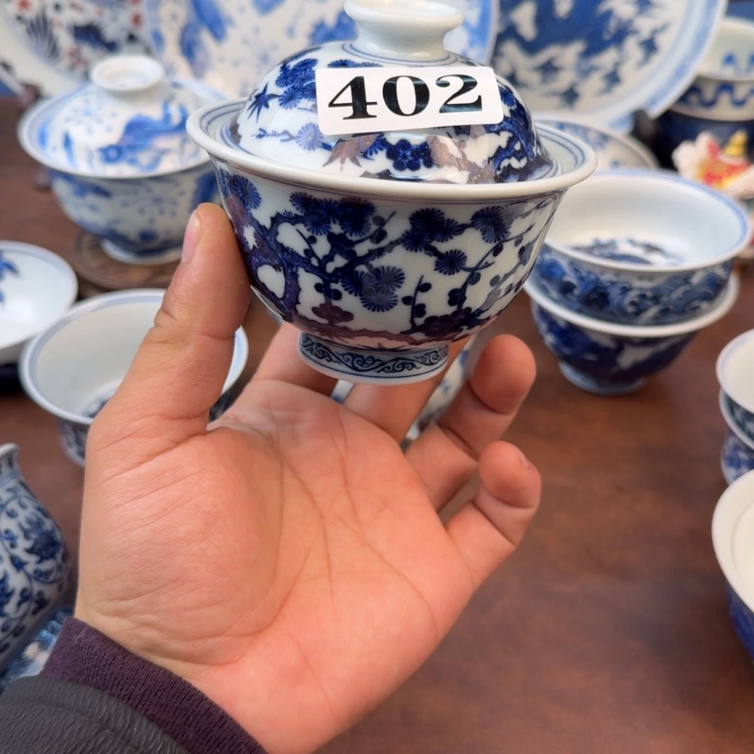 陶摆件松竹梅盖碗手绘