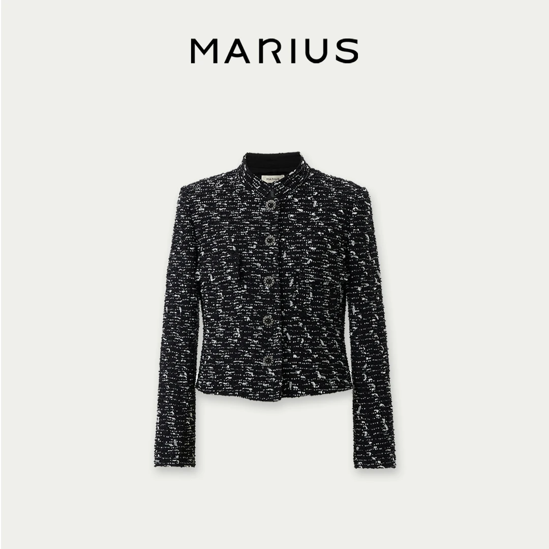 MARIUS时尚短款双贴袋秀场款立体裁剪版型黑白小香外套
