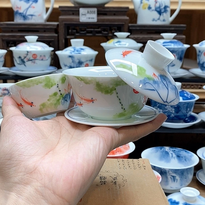 手绘五彩荷花150cc悬停➕水缸杯60cc釉下彩微瑕福利款