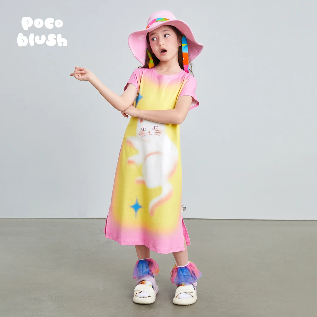 poco blush原创设计星空下的小猫连衣裙女童夏季新款小女孩T恤裙