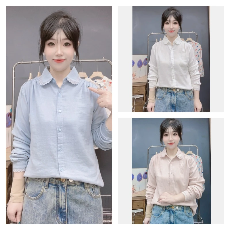 2025秋季新款 纯棉双层纱上衣日系小清新圆领花边衬衫女长袖文艺