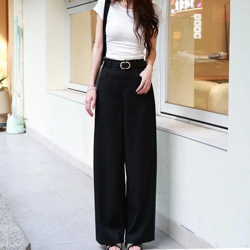 夏季薄款阔腿裤女款黑色凉感高腰垂感西装休闲裤拖地直筒裤子